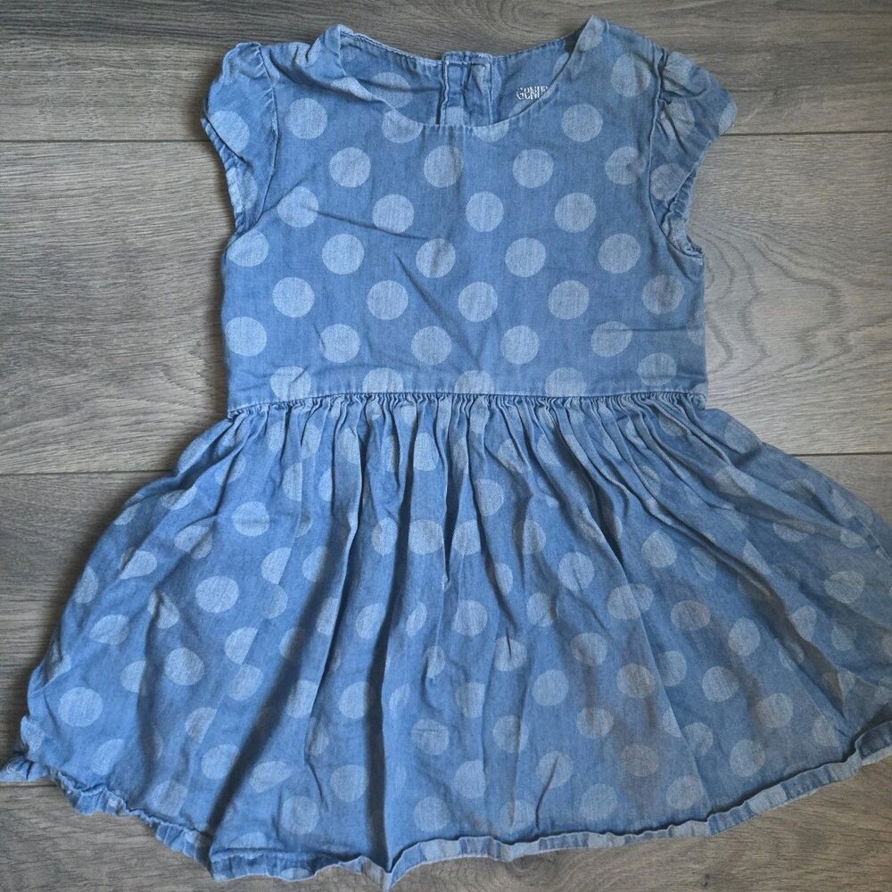Genuine Kids OshKosh 4T Blue Chambray Polka Dot Babydoll Dress Button Back Jean